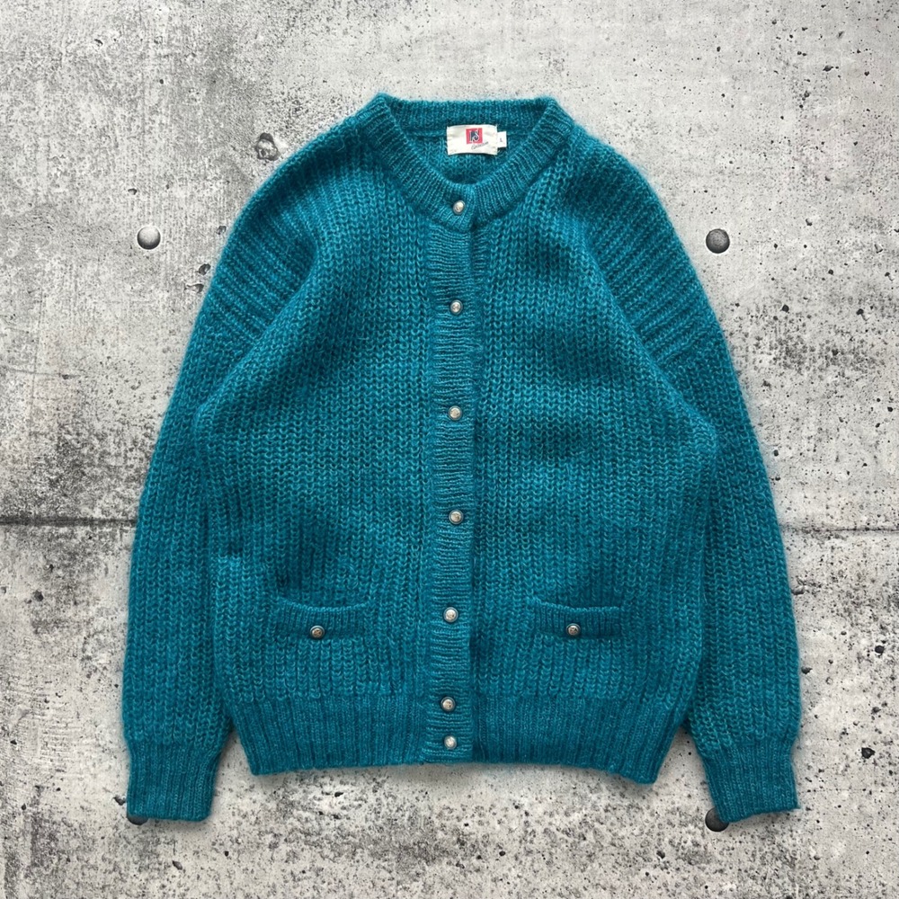 Vintage Mohair Cardigan Sweater Womens Large Teal Blend Chunky Knit Fuzzy